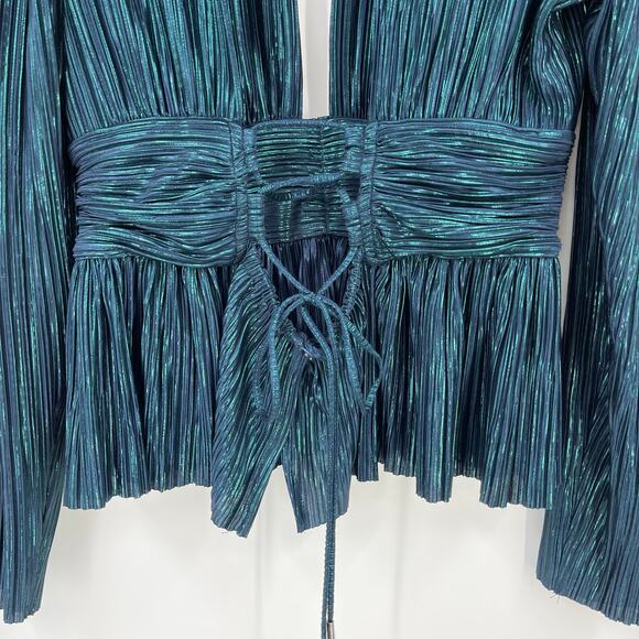 Sabina Musayev | Maxim Top Dark Ocean Metallic Pleated V-Neck Peplum Blouse L - Picture 9 of 11